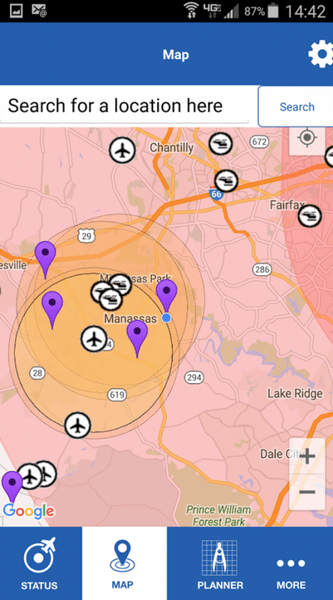 B4UFLY Smartphone App　GPSを使用し、ドローンの飛行禁止区域であるかどうかなどが簡単にわかる。飛行場の管制エリアなどもわかりやすく表示される。