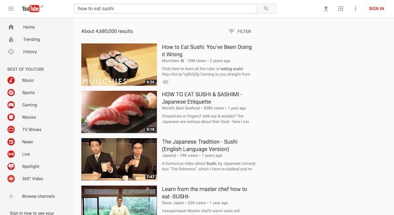 「how to eat sushi」の検索結果（Youtube英語版、2017年8月22日キャプチャ）