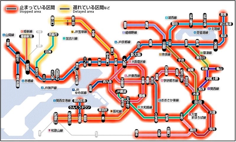 JR西日本列車運行状況より・近畿エリア（18日17:30現在）