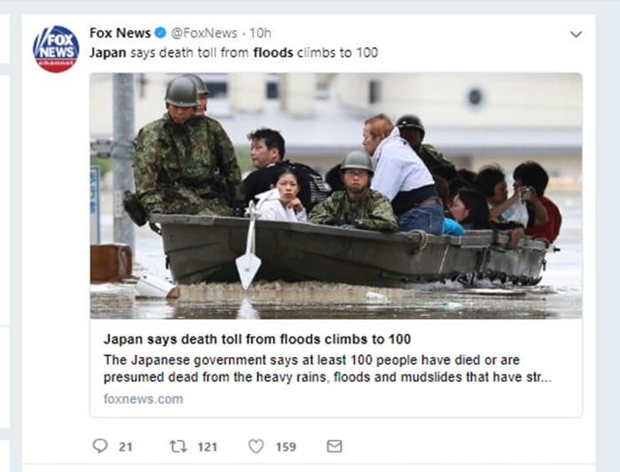 FOXNewsの「平成30年7月豪雨」報道の模様　Twitterより