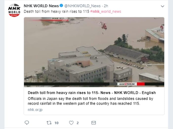 NHKWorldの「平成30年7月豪雨」報道の模様　Twitterより