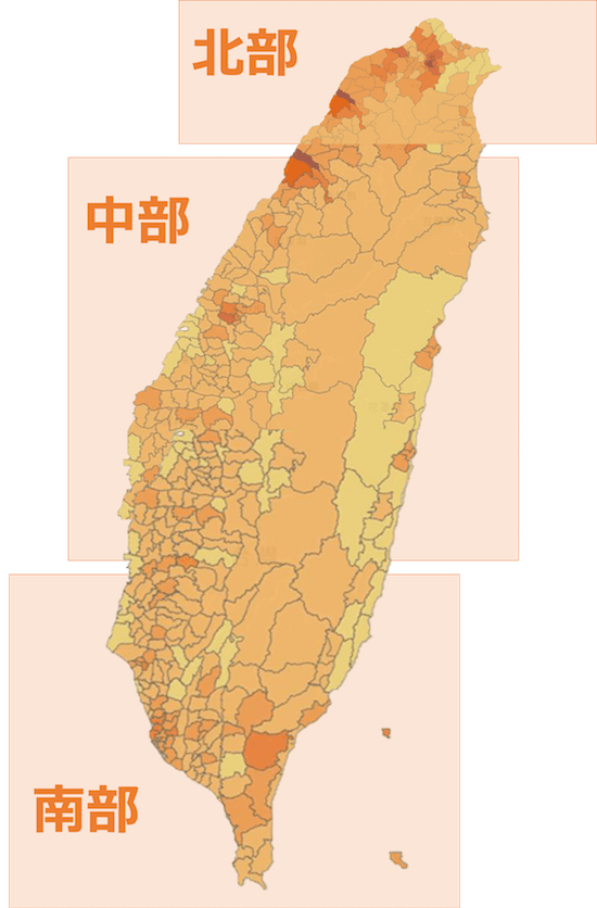 台湾の顕在トラベラーの人口分布図（地図内の境界線は市あるいは区）