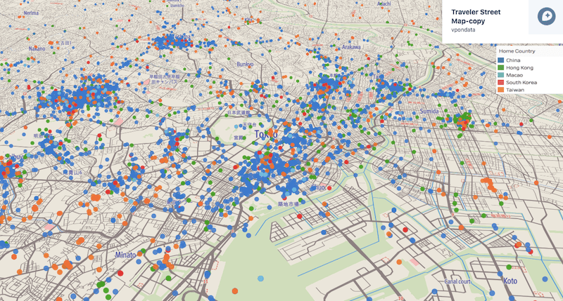 東京近辺の海外からの旅行者の分布（青点が中国、緑点が香港、水色点がマカオ、赤点が韓国、オレンジ点が台湾）